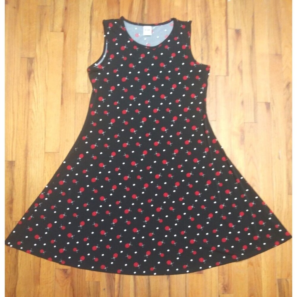 Vtg Midi Dress LADYBUG PRINT Black red Sz M knit STRETCHY Blair Y2K sleeveless